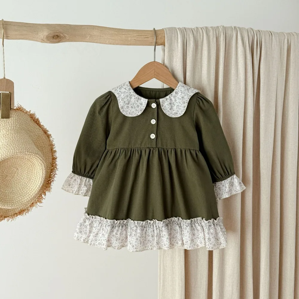 Korean Style Girls Floral Long Sleeve Cotton Dress Spring Autumn Lace Lapel Collar Simple Princess Outfit  Little Medium Kids