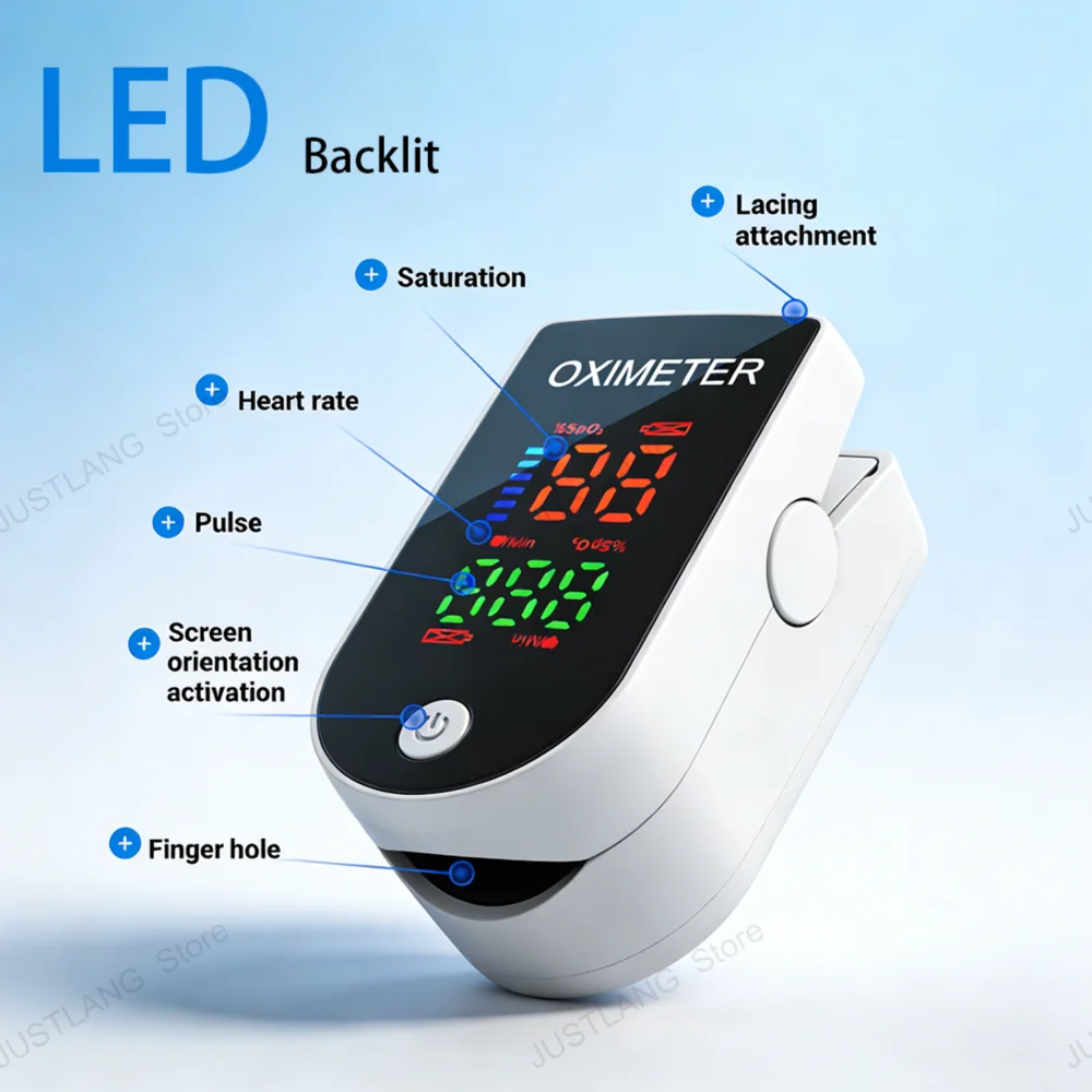 JUSTLANG Fingertip Pulse Oximeter With Case Portable 4 Color Blood Oxygen Saturation Monitor LED Display Fingertip Oximeter SPO2