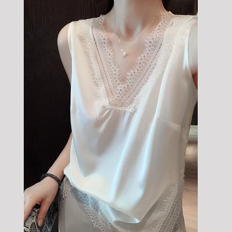 Birdsky ، 1 قطعة الحرير التوت الطبيعي النساء مكتب سيدة الصيف تانك القمم الصدرية الدانتيل الخامس الرقبة الصلبة الألوان ، S-389