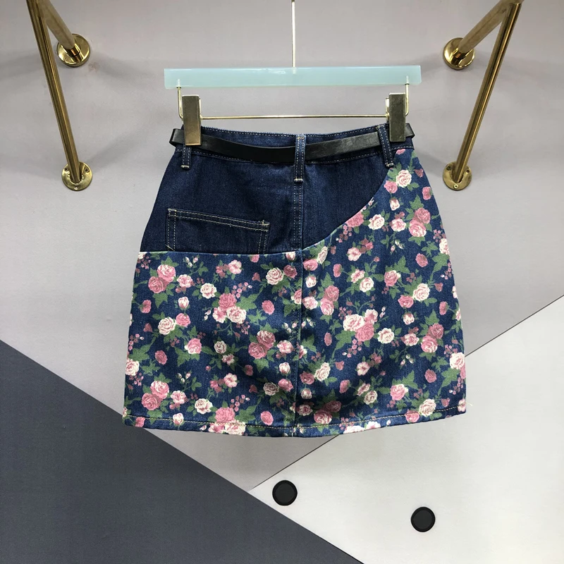 Women's Vintage Flower Printed Denim Short Skirt High Waist A-line Wrapped Hip Jean Shorts Street Slim Patchwork 2024 Summer New