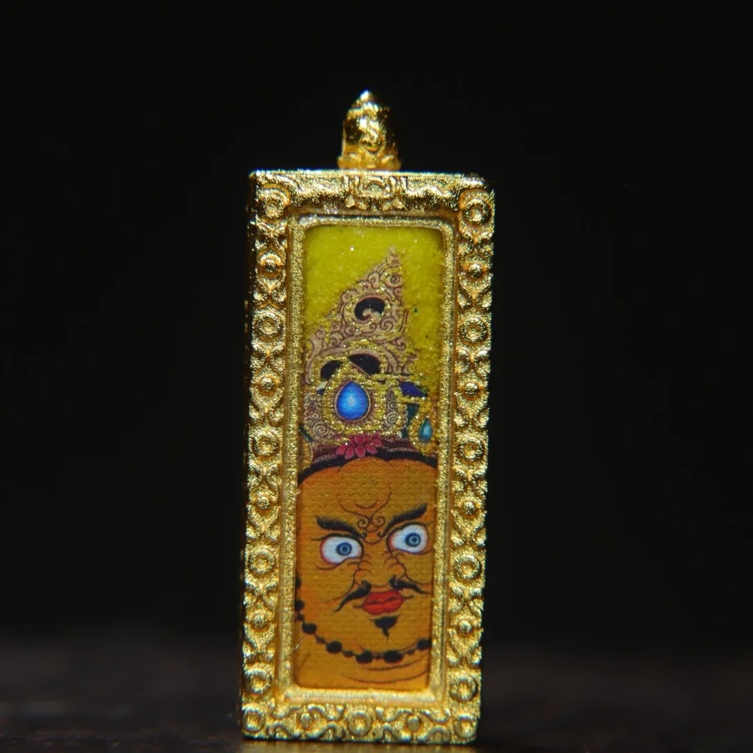 4x1.5 cm Metal Antique Palace level Tangka pure handmade painted with the Yellow God of Wealth, exquisite Tangka amulet