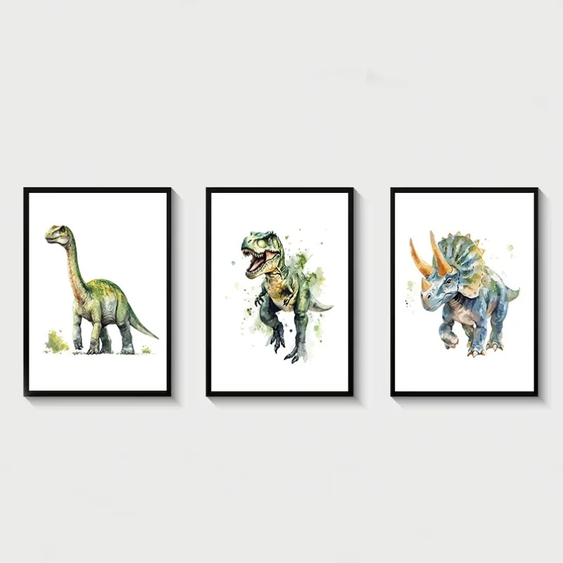 1PC Watercolour Dinosaur Nursery T-Rex Triceratops Animal Drawing Poster Canvas Painting Wall Art Pictures Home Boy‘s Room De