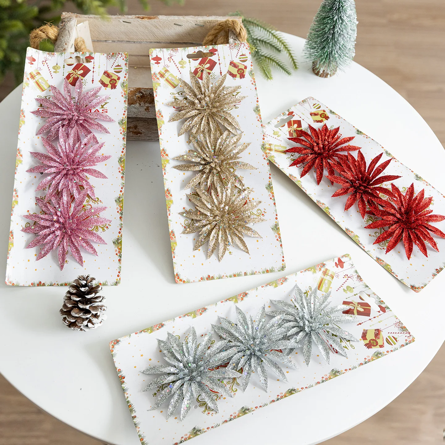 

3pcs/set Christmas Decorations Glitter Simulation Fake Flowers Christmas Tree Scene Arrangement Plastic Flower Decoration Props