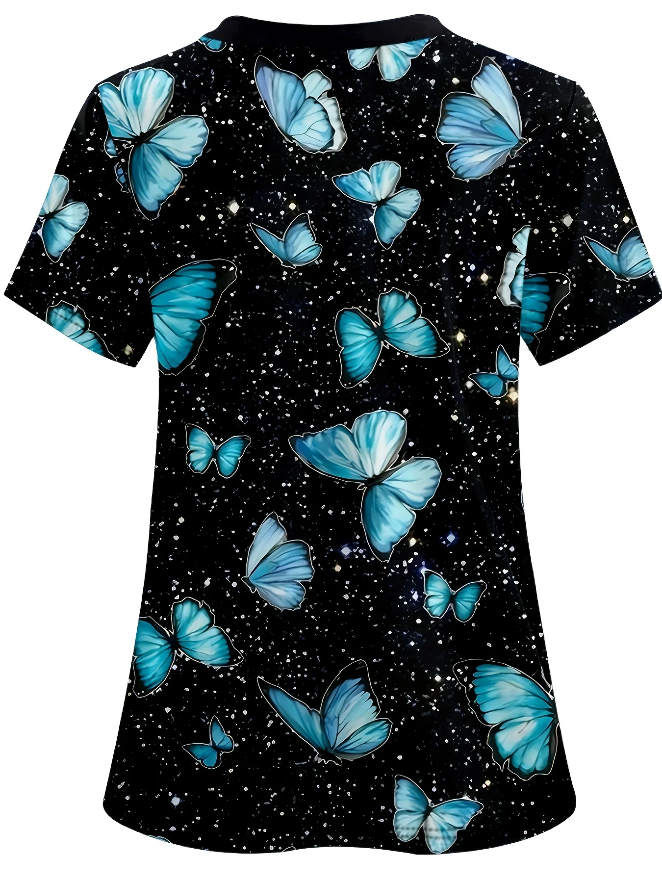 トンボプリント伸縮性デュアルポケットVネックトップ、快適な機能的な夏半袖制服、ナース、婦人服