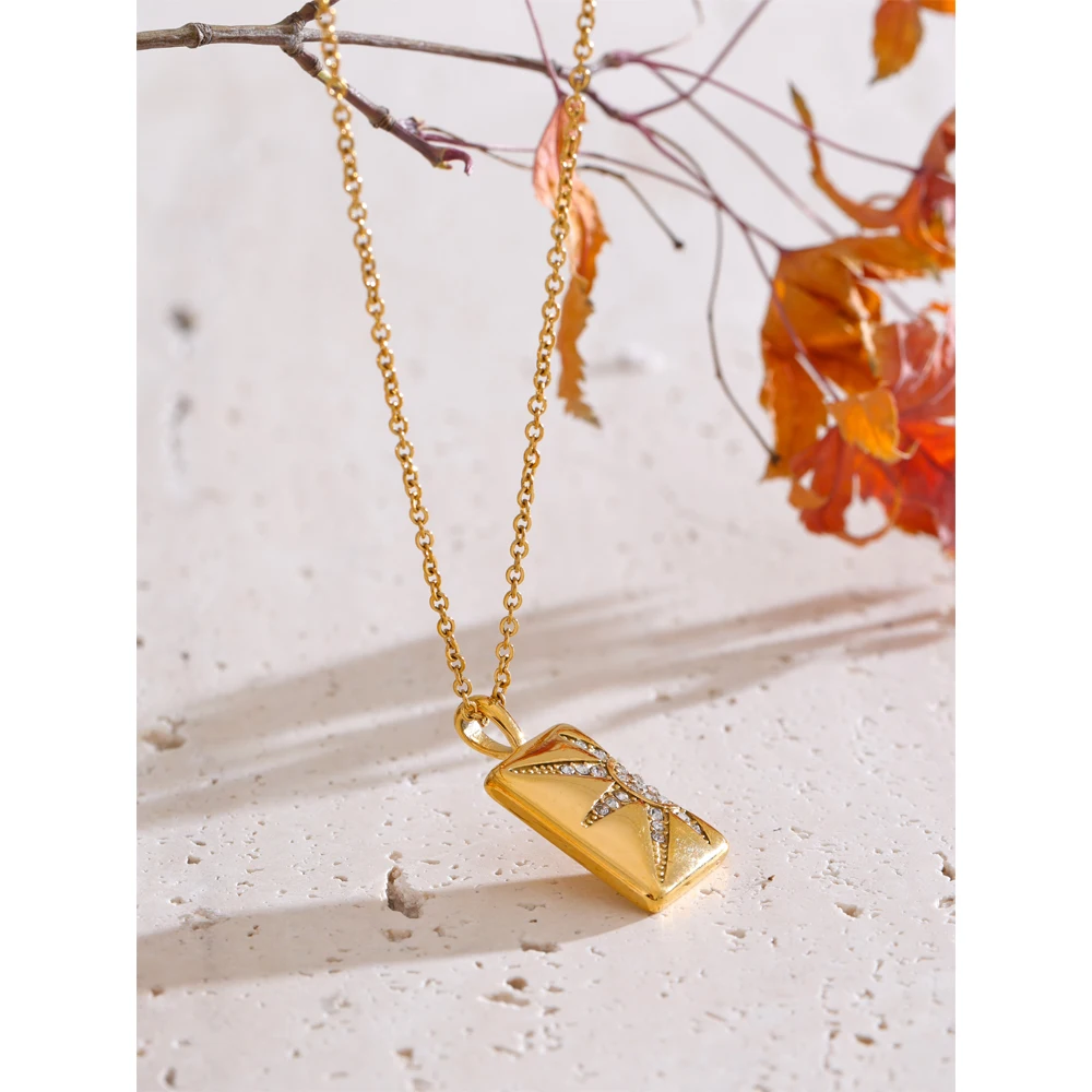 Yhpup Hot Style Cubic Zirconia Rectangle the Sun Charm Cast Pendant Necklace 18K Golden PVD Plated Collar Jewelry Wholesale Gift