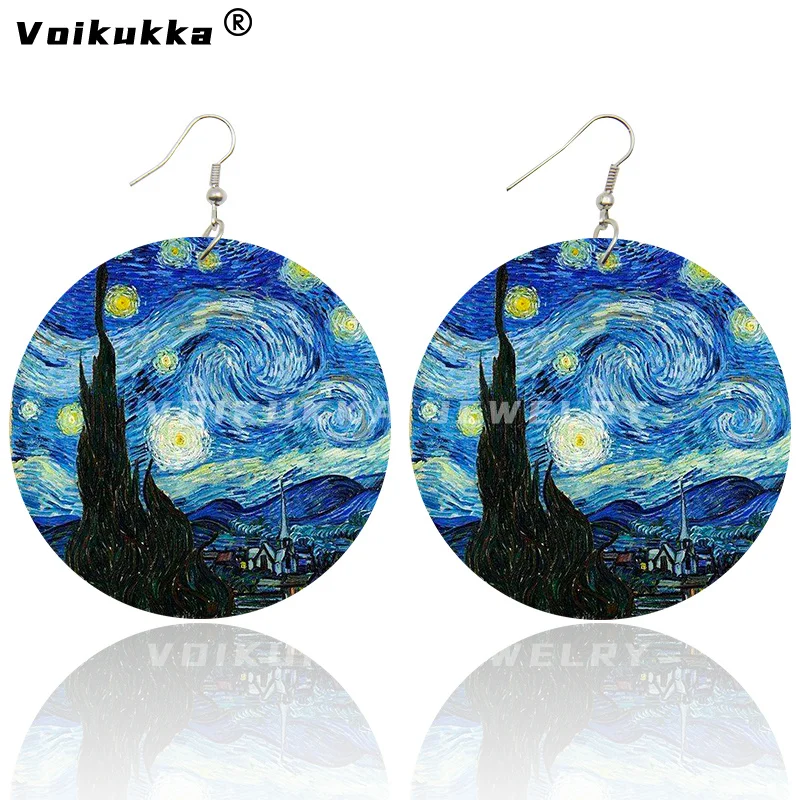 Oil Painting Mona Lisa Van Gogh The Starry Night Girl With A Pearl Earring Pattern Wood Both Sides Printing Women Earrings Gifts