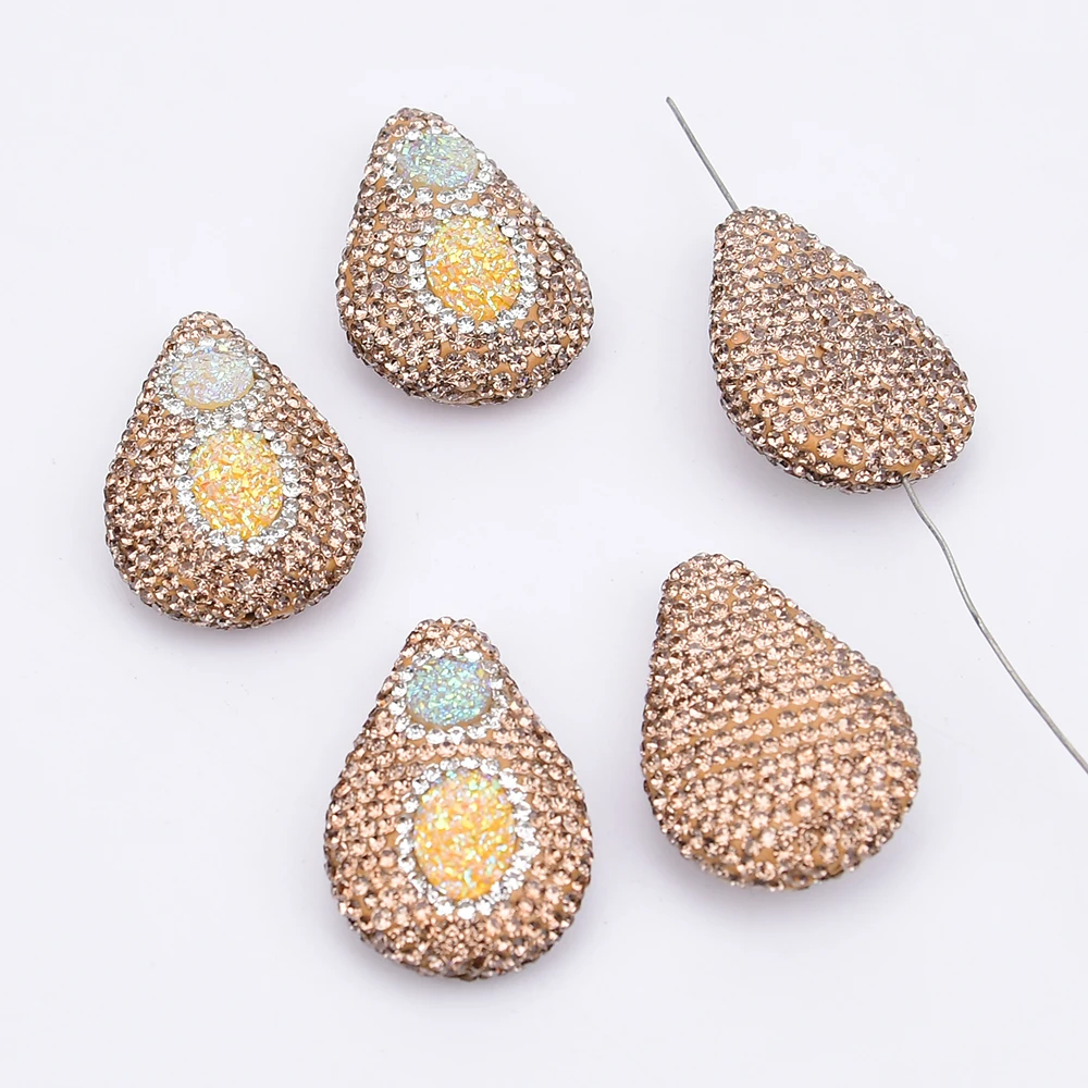 APDGG 27x39mm 5 Pcs Natural Yellow Quartz Golden Rhinestone Paved Teardrop Pendant Beads Jewelry DIY