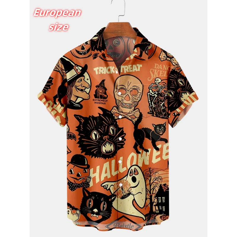 

Cat Pumpkin Skull Pattern Hawaiian Shirt For Men Happy Halloween 3D Printed Blouse Summer Short Sleeve Lapel Tops Aloha Shirts