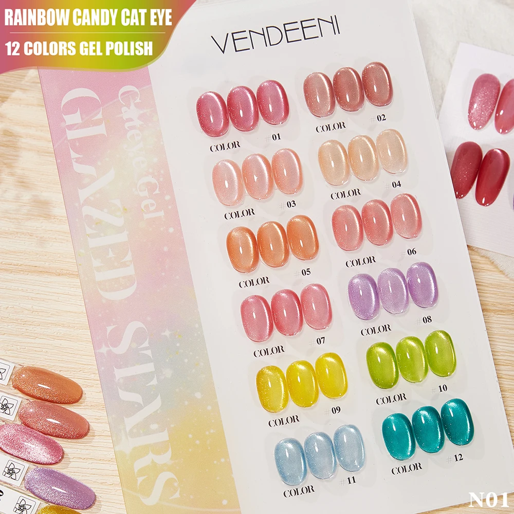 

Vendeeni 12 Color Rainbow Candy Crystal Cat Eye Gel Nail Polish Set Semi Permanent Magnetic UV Soak Off Gel Varnish With Display