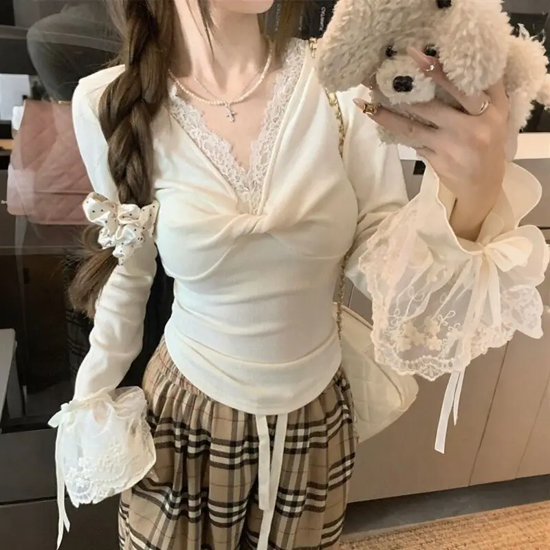 Autumn Lace Edge Twist V Neck Tshirt Women's  Slimming Long Flare Sleeves T-Shirt Ribbon Bowknot Stitching Tee Y2K Girls Top