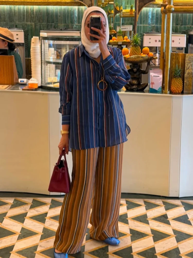 Casual Striped Women Trouser Set Print Full Sleeve Single Breasted Shirts Lace-Up Wide Leg Pant 2026 Summer Autumn Lady New