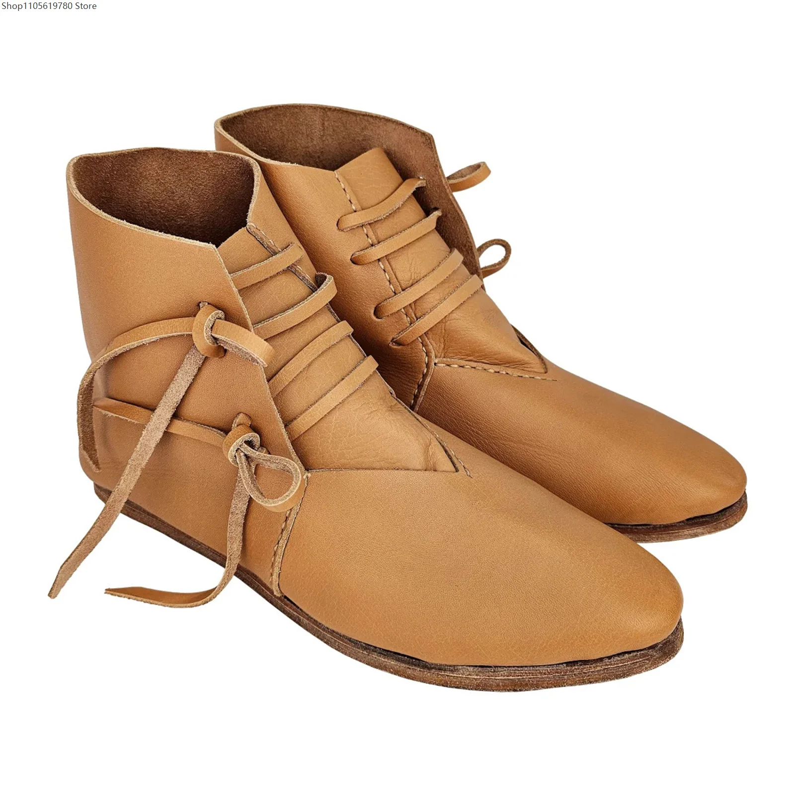 Men Renaissance Cosplay Boots Slip on Lace Up Medieval Viking Pirate Flat Tied Shoes Halloween Cuff Shoes Party Costume Props