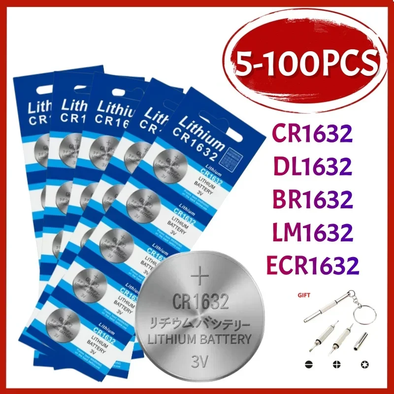 5-100PCS 3V CR1632 Battery CR 1632 Lithium Battery DL1632 BR1632 KCR1632 ECR1632 For Car Remote Control Watch Button Coin Cells
