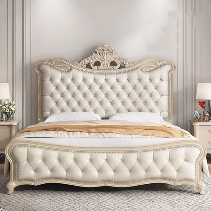 Retro Wood Carved Bed Frames White American Solid Couples Queen Bed Frames King Size Lit Luxe Cama Matrimonial Bedroom Furniture