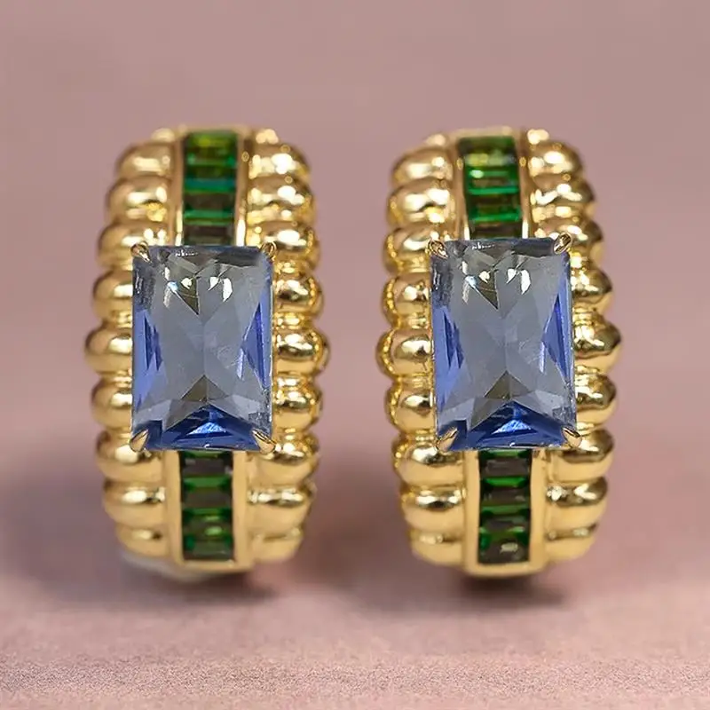 Huitan Luxus-Creolen für Damen, goldfarben, mit leuchtend blau/grünem CZ, modisch, für Hochzeit, Party, elegantes Zubehör, Schmuck, Geschenk
