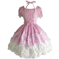 Sweet Women Lolita Princess Cosplay Prom Lace Dress Short Sleeves Halter Neck Ball Dance JSK Outfit Bow Tie Layer Maid Costume 6
