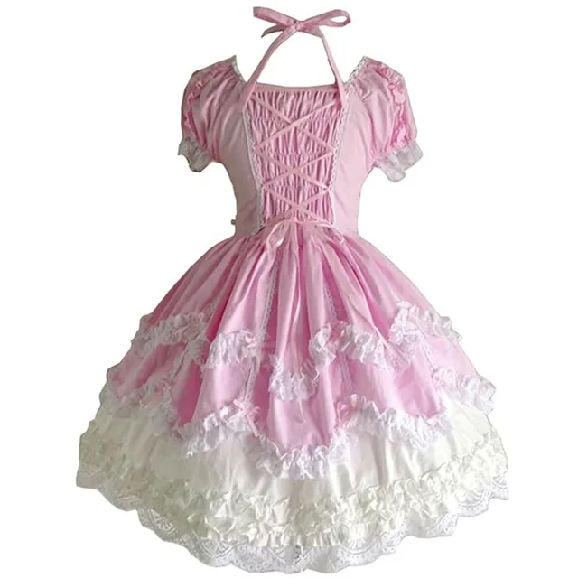 Sweet Women Lolita Princess Cosplay Prom Lace Dress Short Sleeves Halter Neck Ball Dance JSK Outfit Bow Tie Layer Maid Costume 6