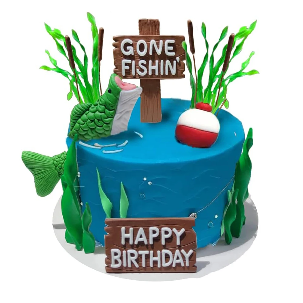 17PCS Angeln Party Kuchen Dekorieren Liefert Fisch Float Algen Schilf Bass Köpfe und Bass Tails mit Alles Gute Zum Geburtstag zeichen – Detail 1