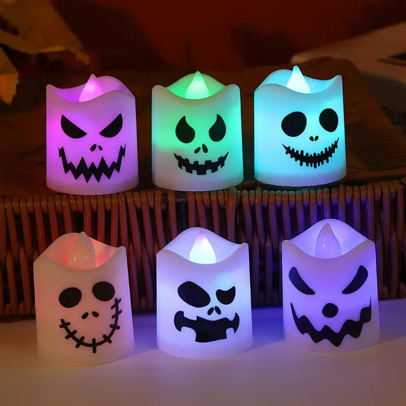 6 sztuk kreatywne Halloween świece elektroniczne duch migoczące świece bezpłomieniowe upiorne zasilane bateryjnie podgrzewacze LED Decor