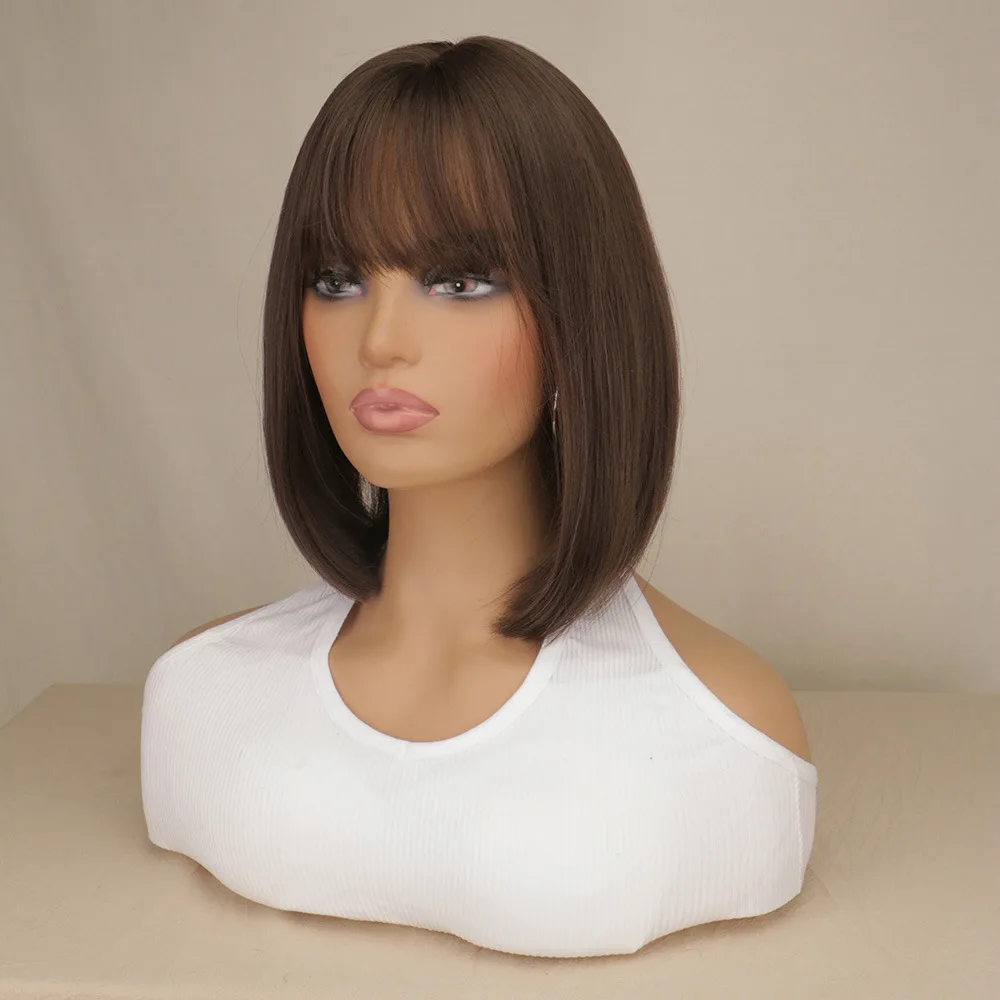 Dark Brown Synthetic Wig with Bangs Medium Straight Layered Natural Hairs for Women Daily Cosplay Heat Resistant Wigs Party