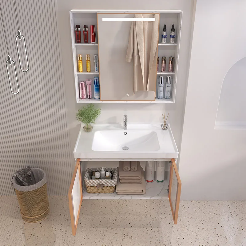 Mueble de baño de madera contrachapada con espejo, mueble con diseño de almacenamiento, lavabo, medicina, luz Led