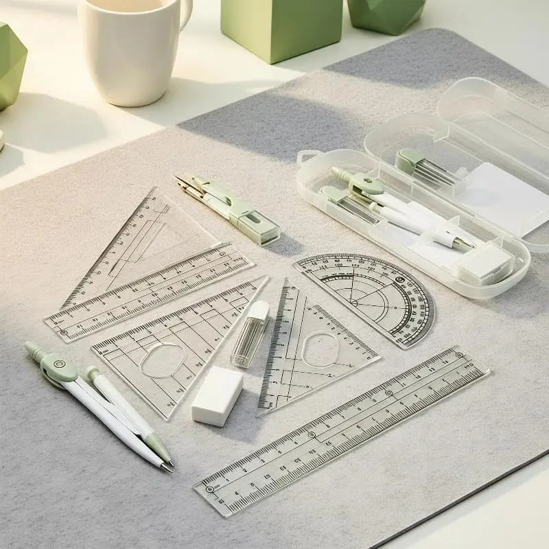 Student Learning Stationery Kit 3/8Pcs Smooth Plastic Ruler Compasses Eraser Measuring Set for Daily Study