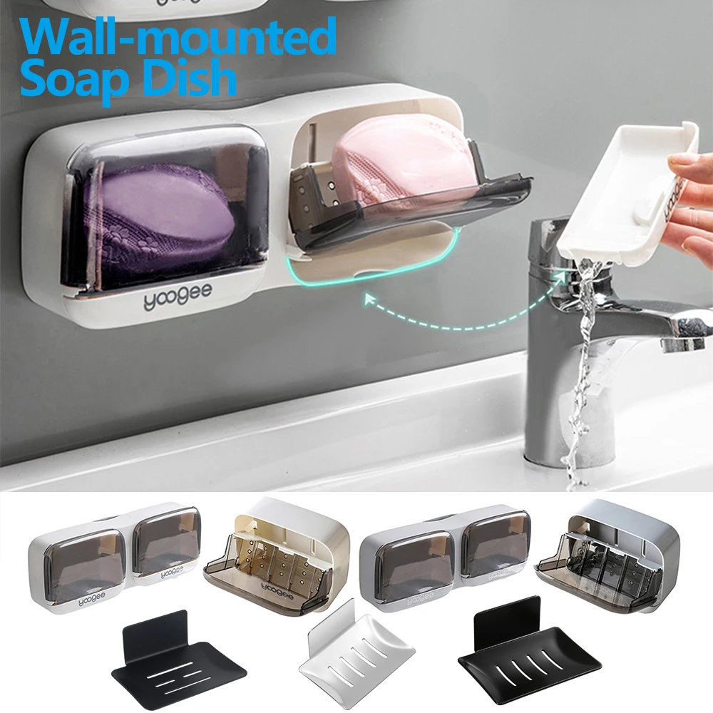 Wall Mounted Soap Holder Reusable Self Draining Soap Dish Holder Anti-Dust Waterproof Self-Adhesive Soap Dish Box for Bathroom