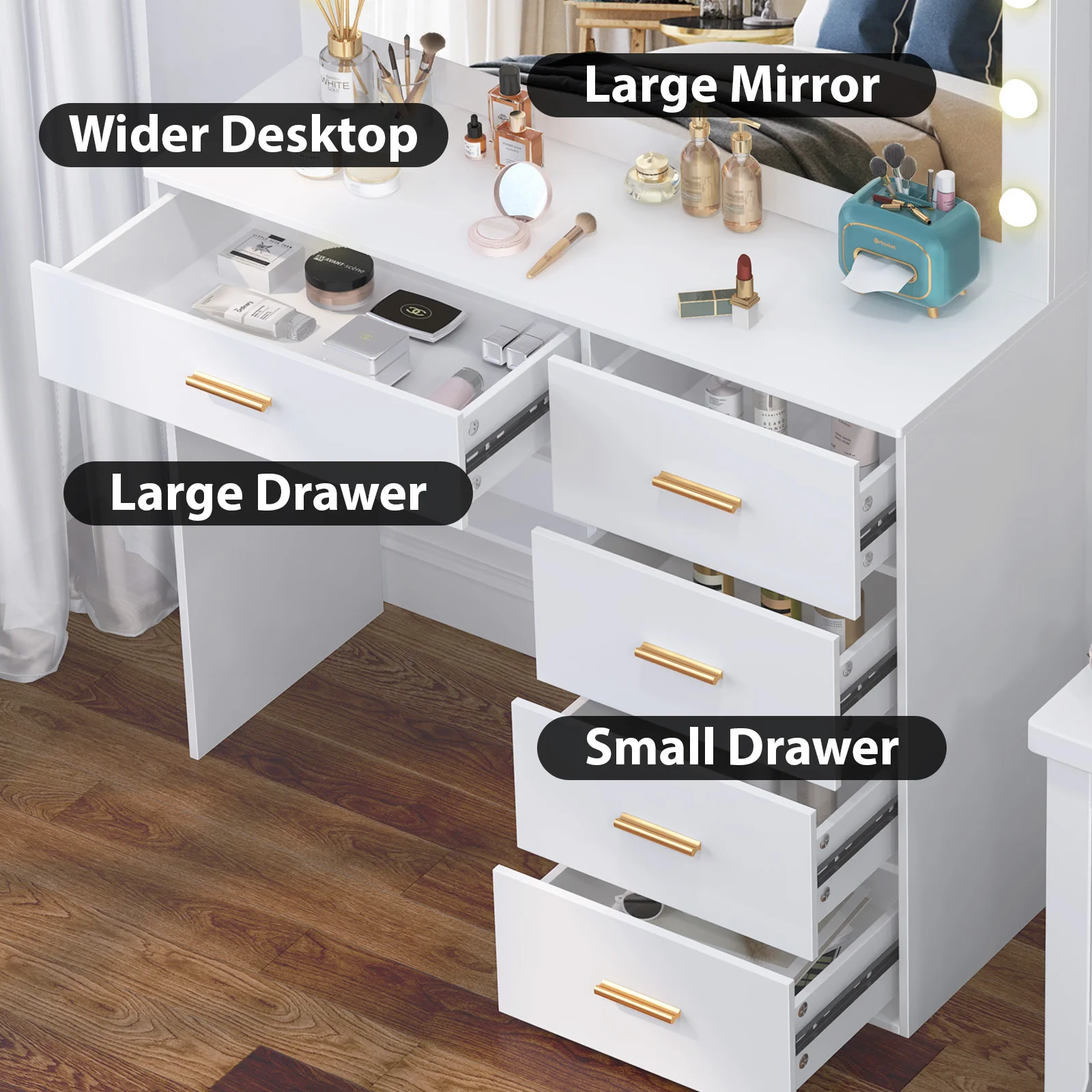 طاولة تزيين بيضاء مع مرآة هوليوود كبيرة 11 لمبة LED للمكياج والمكتب #4