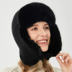 Luxury Black Women's Winter Hat With Earflaps New Ushanka 2025 Autumn Warm Russian Faux Fur Hats Women Plush Knitted Bomber Cap