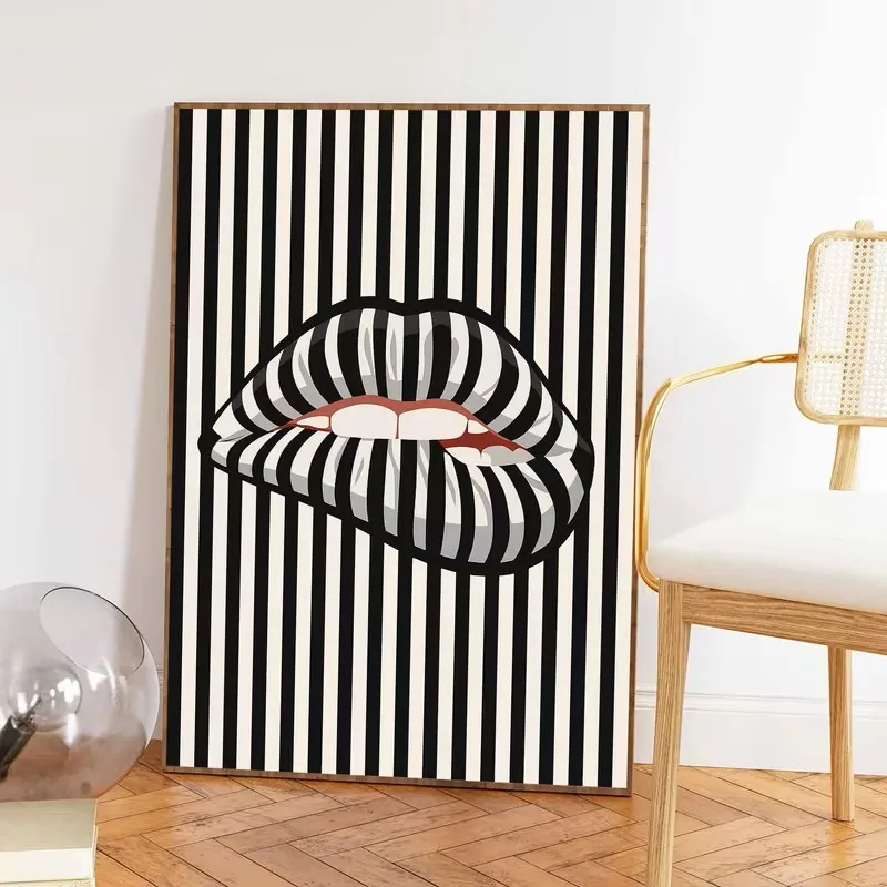 Simple and Abstract Striped Lip-shaped Canvas Poster Art Wall