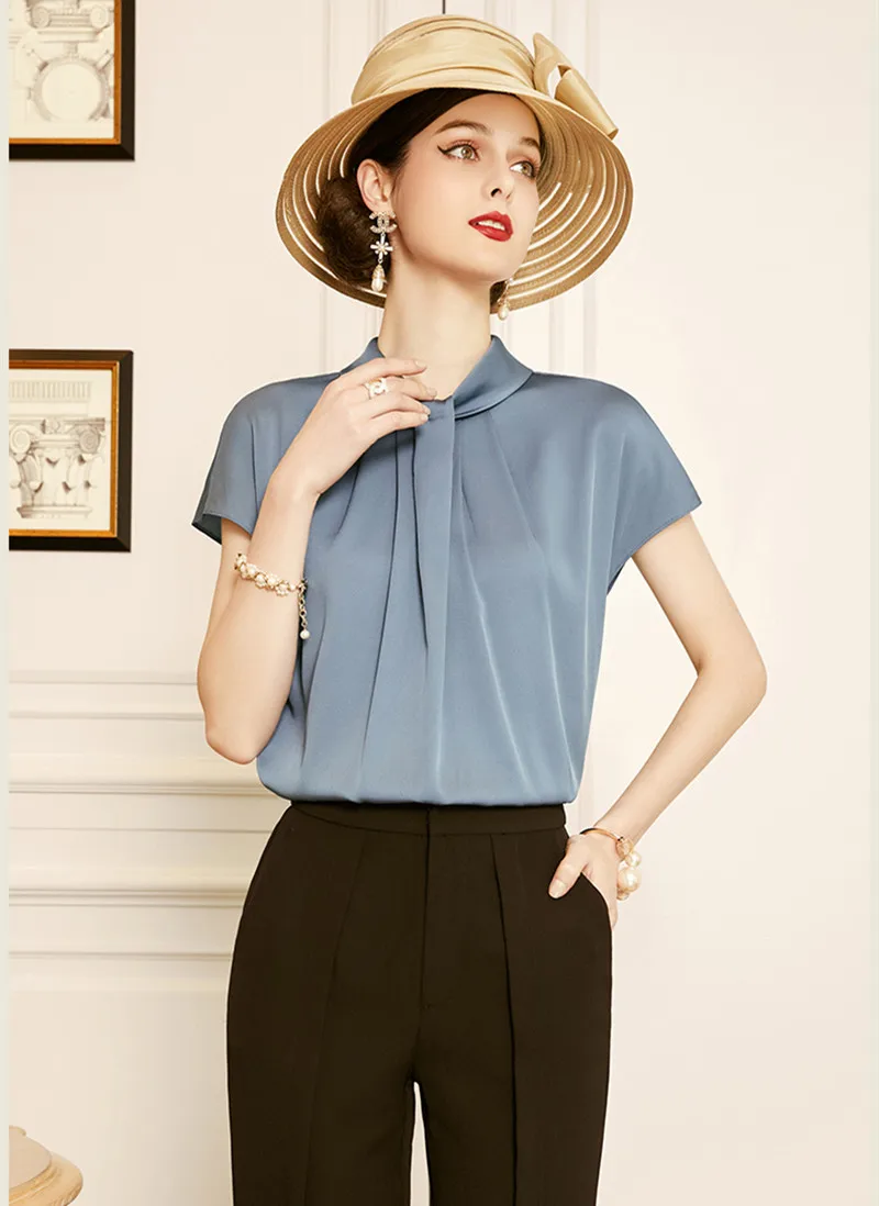 French OL style Fashion elegant raglan sleeves pleated plus size acetate satin shirt tops ice silk blouses camisas feminina