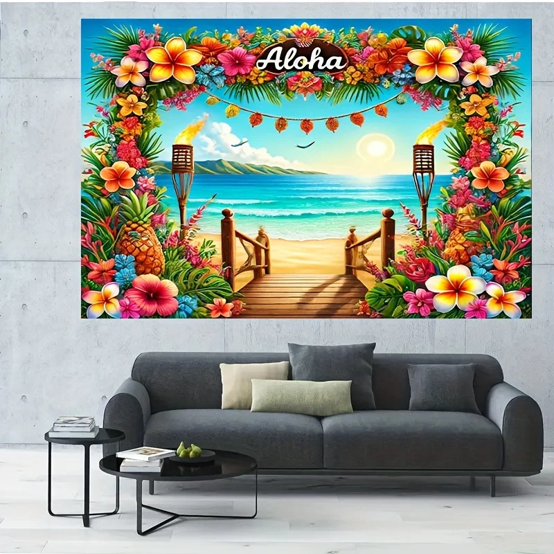 Aloha Tropical Beach Flower Arch Ocean Sunset Hawaii Luau Party Backdrop Banner 2D Flat Tapestry for Summer VacationPoolsideBBQ