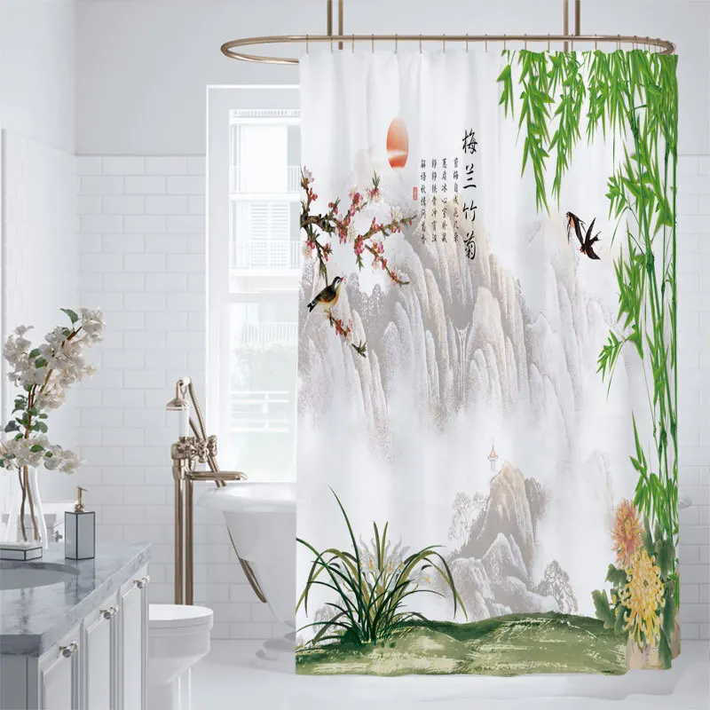 

Chinese Ink Scenery Shower Curtain Aesthetic Landscape Natural Scenic Pattern Bath Curtains Waterproof Bathroom with Hook Screen