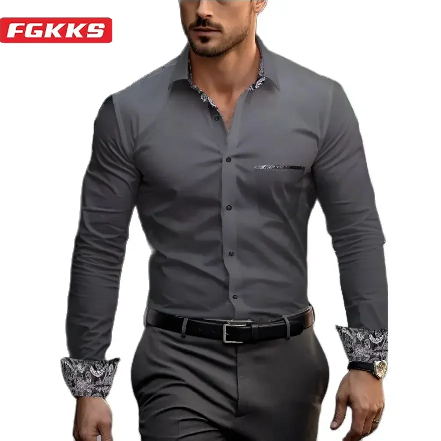 

FGKKS 2024 Outdoor Casual Shirt For Men Solid Color Slim-Fit Fashion Top High Quality Design Selling Business Shirt For Men