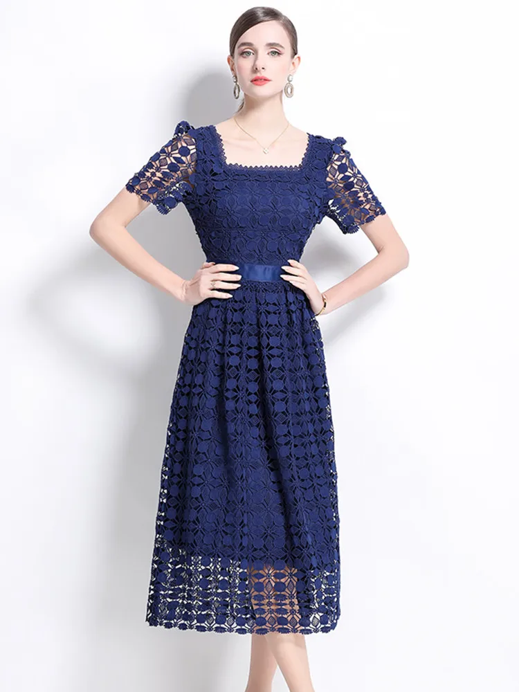 

Elegant Ladies Lace Flower Embroidery Hollow Out Midi Dress Women's Square Short Sleeve Solid Color Party Vestidos De Mujer