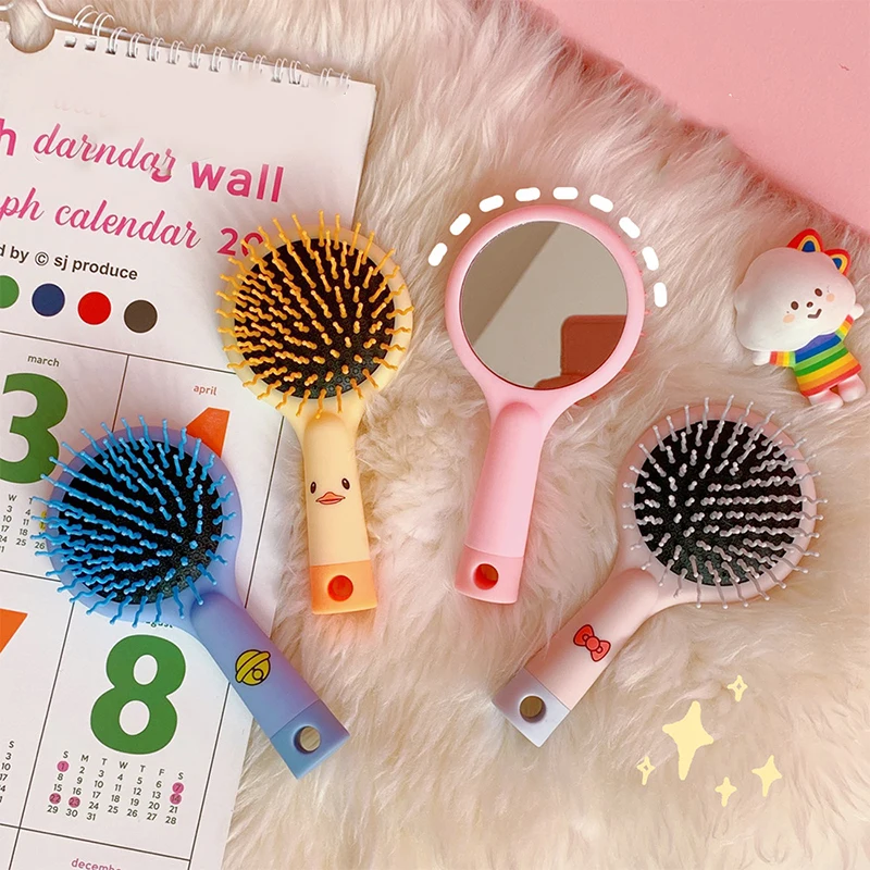 Cute Cartoon Anti-knot Rainbow Massage Hair Comb With Mirror Children Hairdressing Comb Air Cushion Massage Comb For Baby Kids