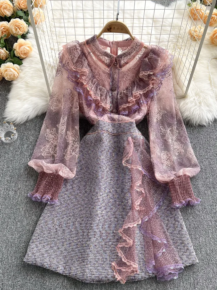 Autumn Sweet Pink Lace Mesh Embroidery Ruffles Patchwork Tweed dresses for Women elegant See Through Long Sleeve Party Vestidos