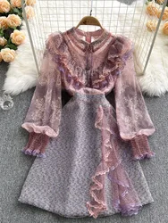 Autumn Sweet Pink Lace Mesh Embroidery Ruffles Patchwork Tweed dresses for Women elegant See Through Long Sleeve Party Vestidos