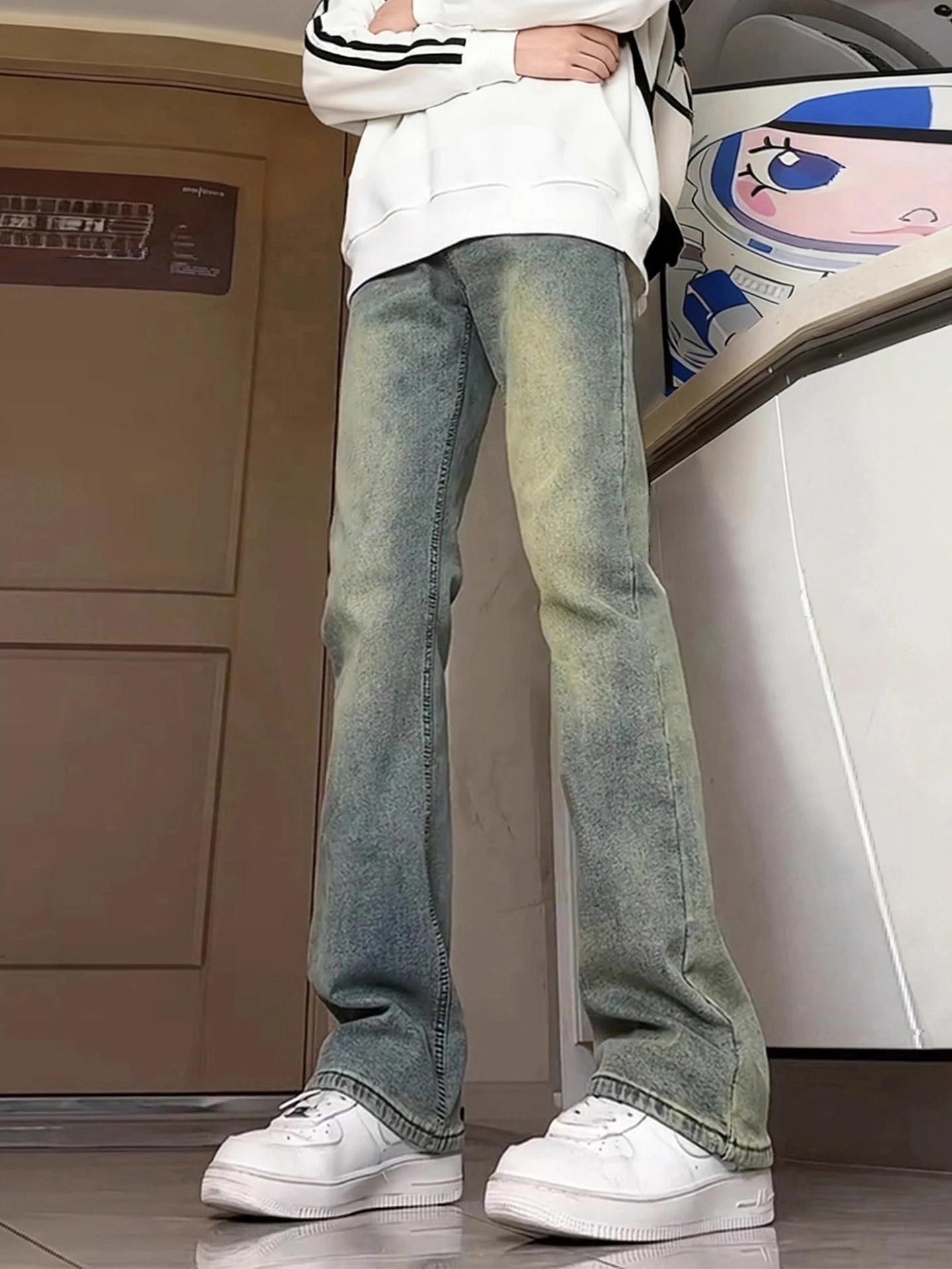 

Мужские джинсы с синей флисовой подкладкой в американском ретро-стиле, прямые брюки с микро-клешем, осенне-зимние износостойкие джинсы Vibe Sle