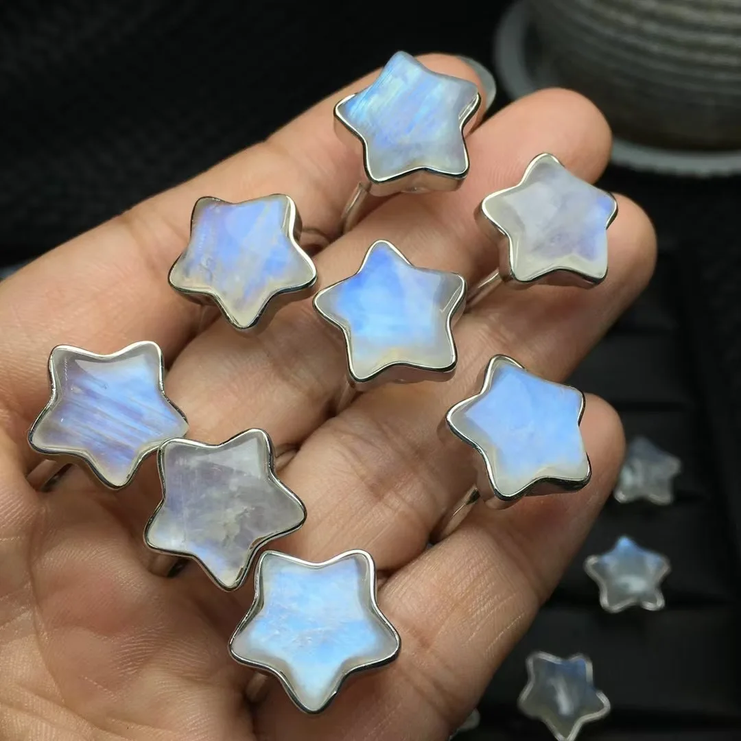 1 Pc Fengbaowu Natural Blue Moonstone Star Ring 925 Sterling Silver Resizable Fashion Jewelry Gift Women