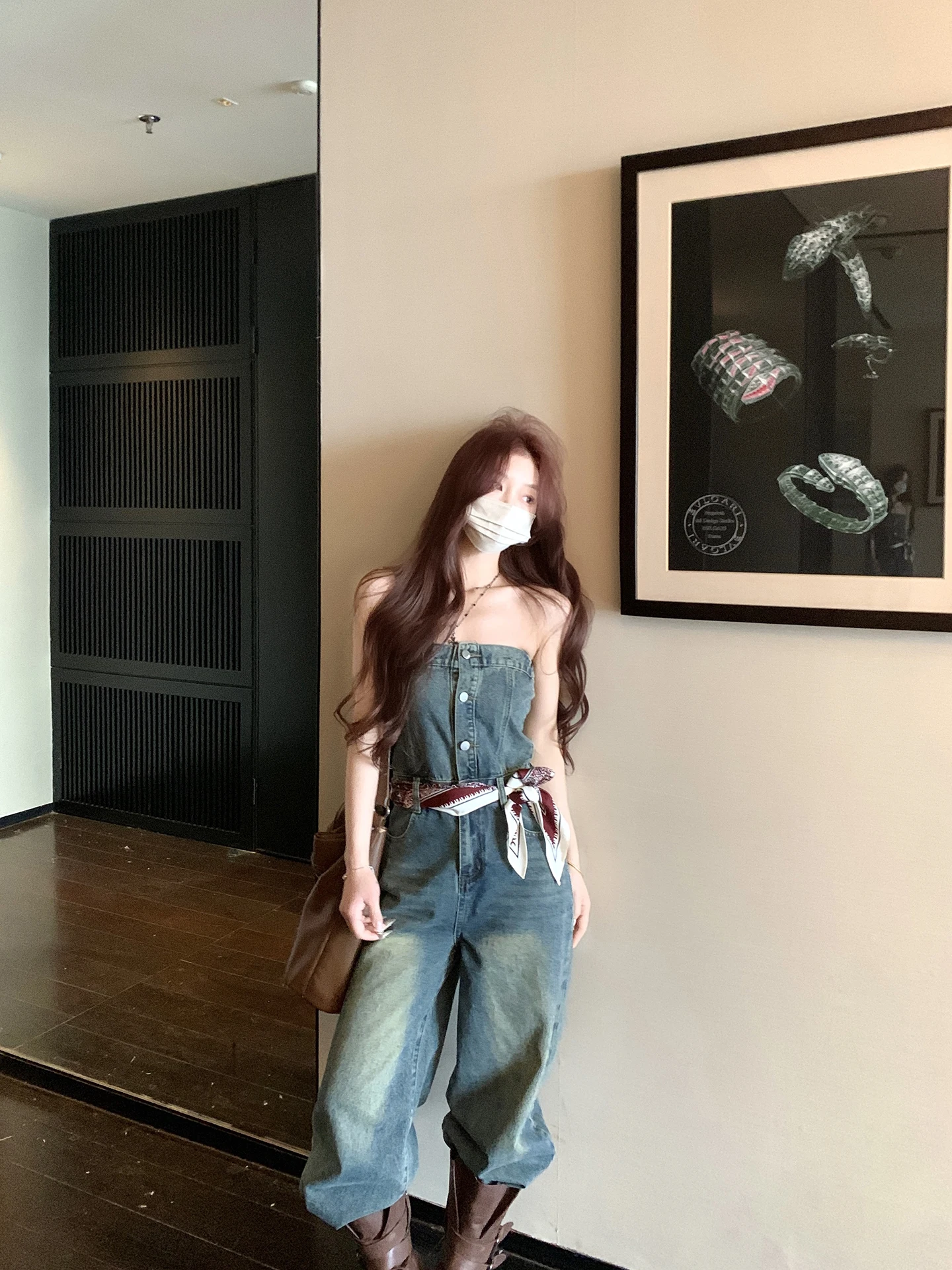 

Spring Summer New Style Women's Denim Romper Tube Top High Waist Cotton Stretchy Decorated Pants Versatile Slimming One-Piece