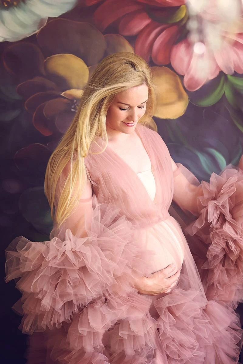 18040#Luxury Ruffled Tulle Robe Long Maternity Dress for Photoshoots Cardigan V-neck Open Front Pregnant Pink Women Dresses