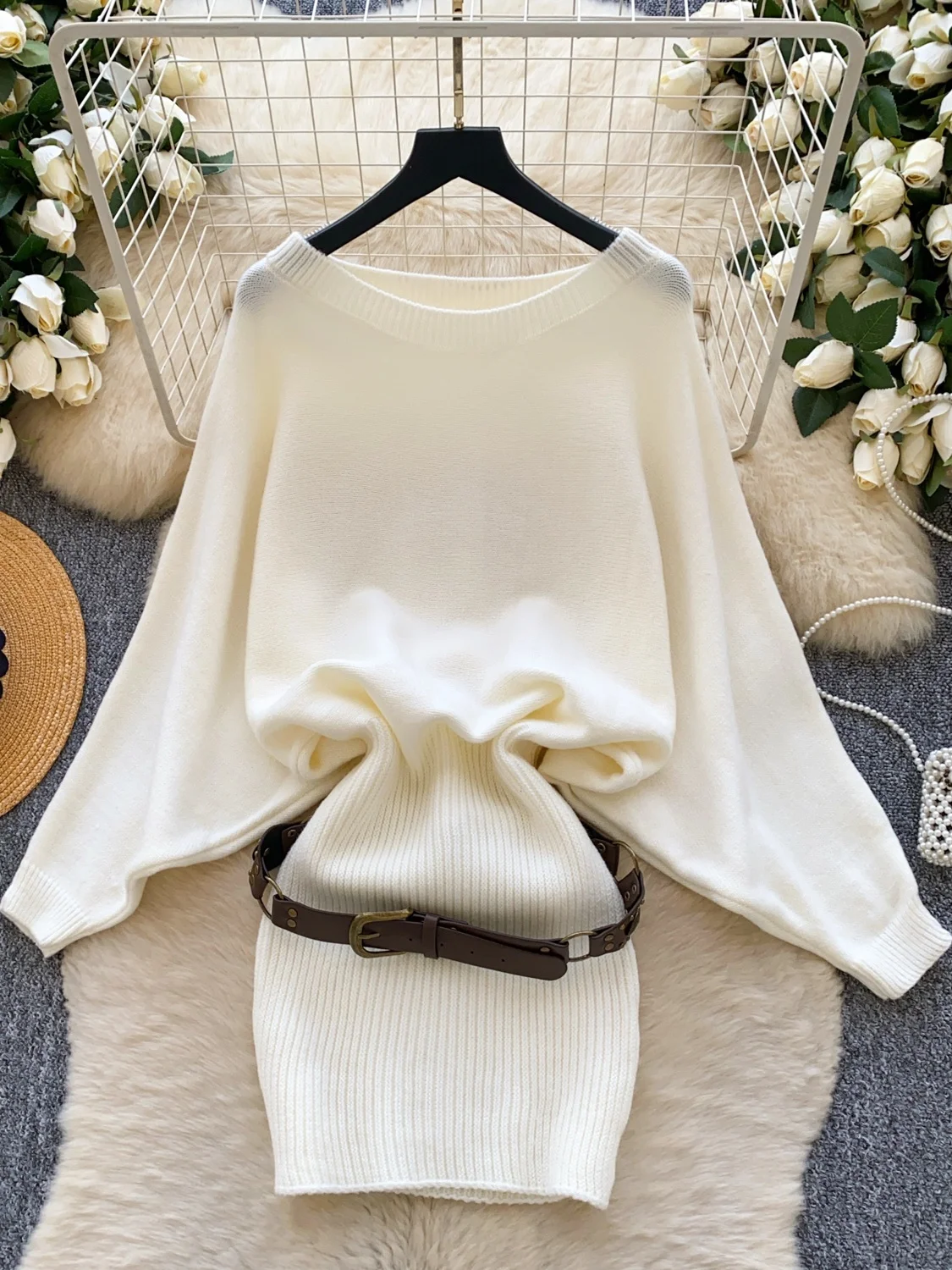 ピュアデザイア ハイウエスト ニット バットウィング スカート ベルト付き レディース 通勤 スタイル Aライン スカート ボディコン