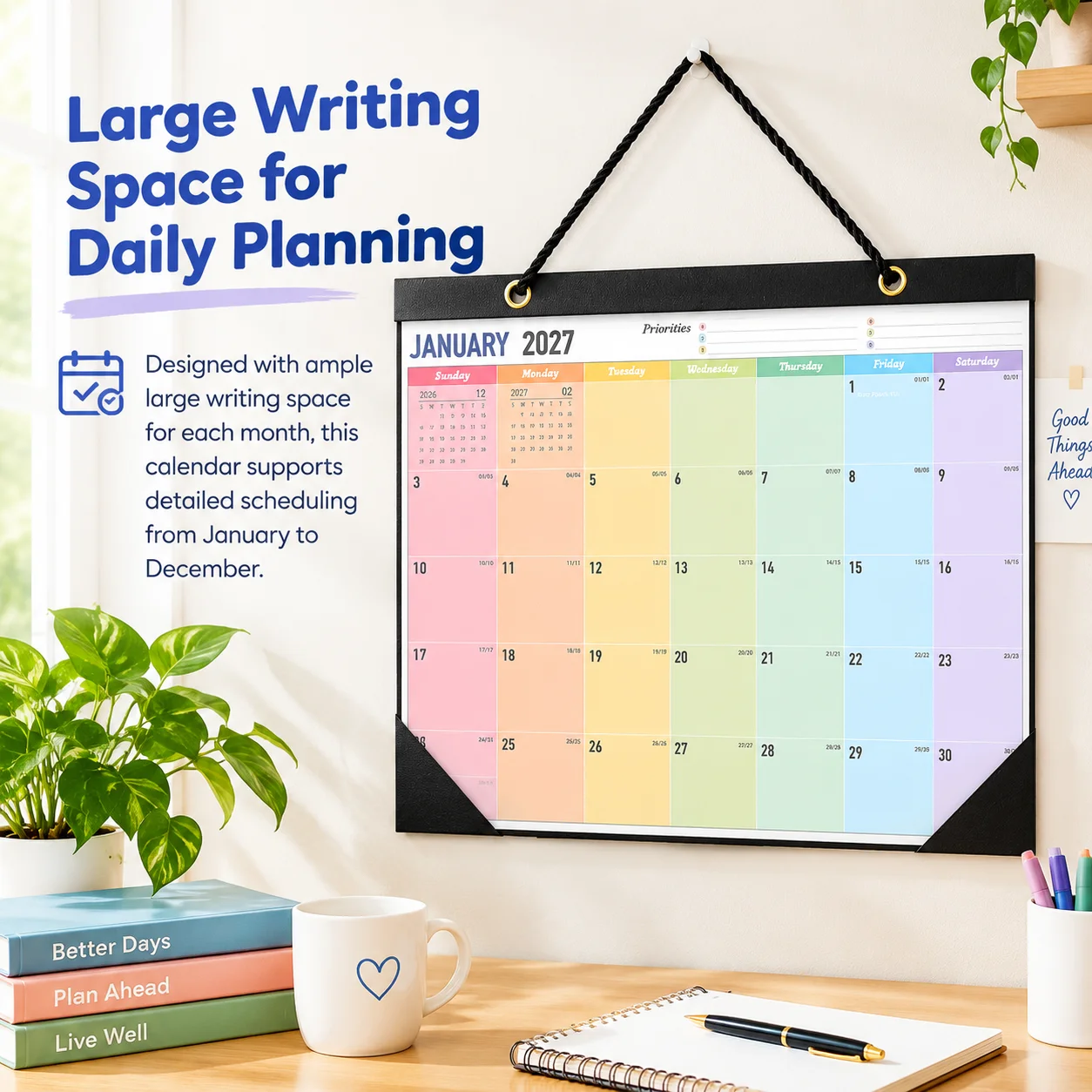 2027 Rainbow Wall Calendar Durable Clear Cover with Large Writing Space Jan-Dec Schedule Organizer for Scheduling Professionals