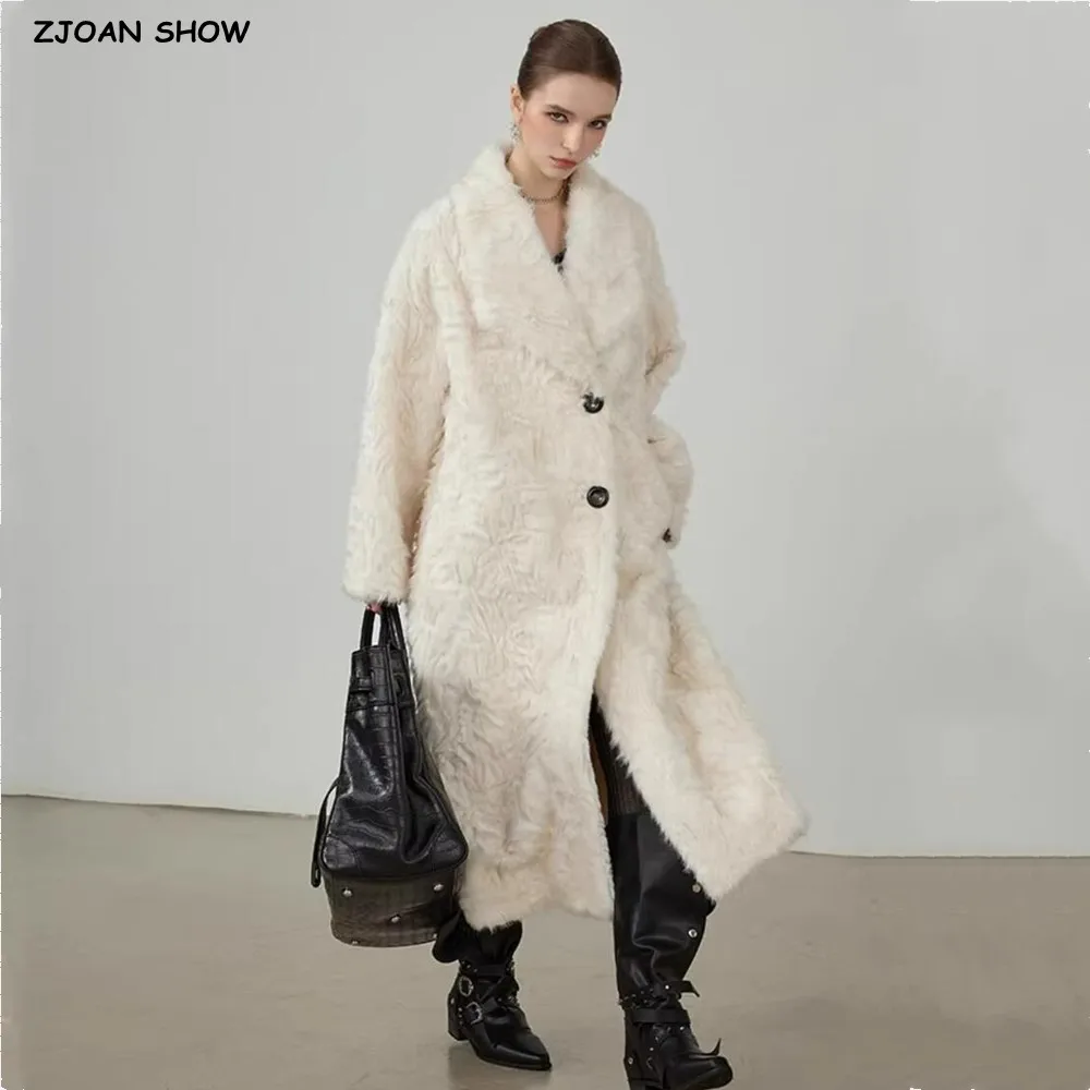 Winter Large Lapel Shaggy Faux Curly Sheep Fur Coat CHIC Single-breasted Buttons Full Sleeve Loose Warm X-long Outerwear White