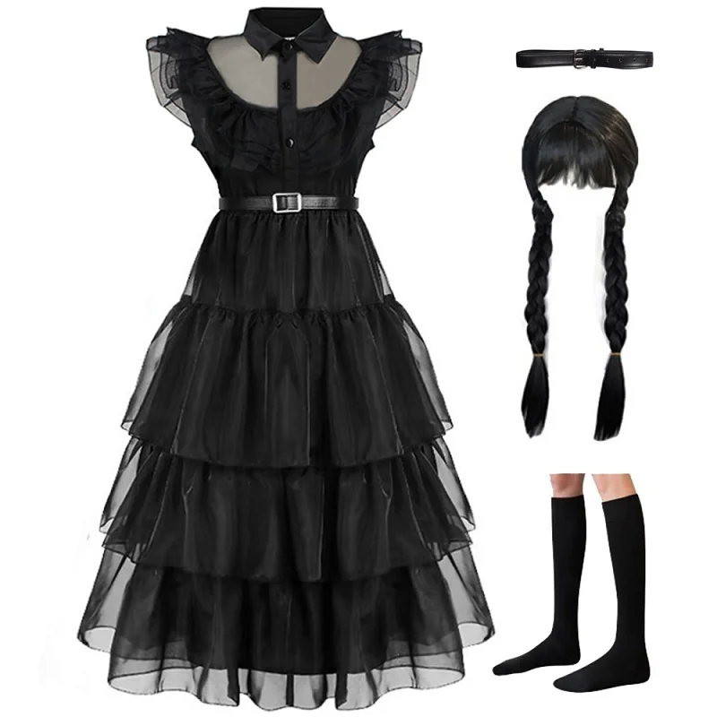 Wednesday adams role play traje 2023 novo halloween carnaval festa preto vestido de noite meninas rendas corte saia princesa