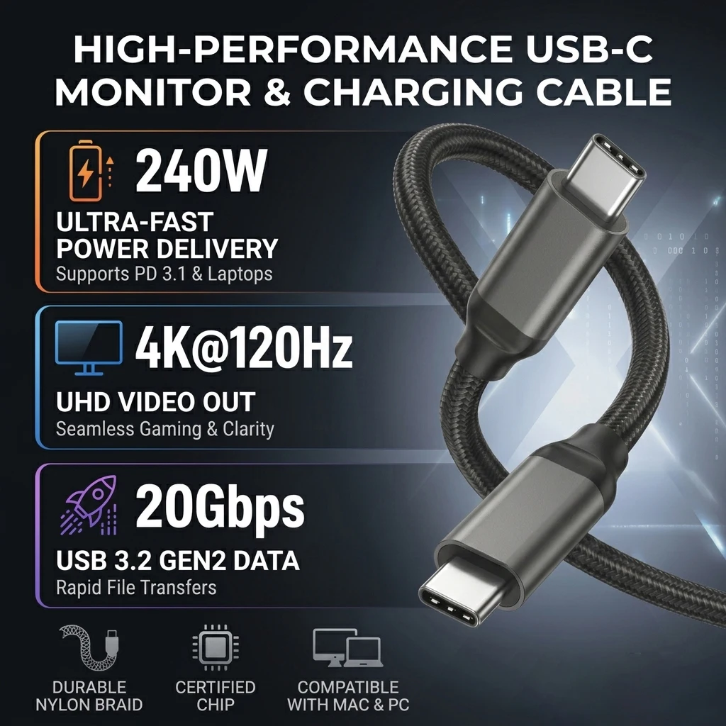 20Gbps USB C Monitor Display Cable USB3.2 Gen2x2 4K@120Hz 240W PD Charging Data Transfer Video Cable For Portable Monitor Laptop