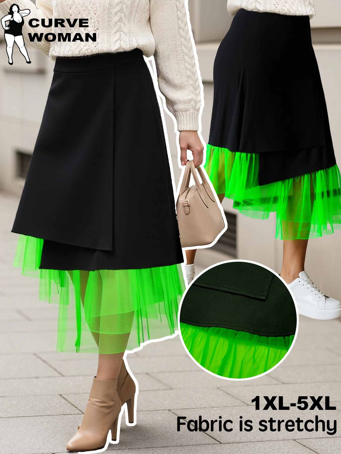 

Авангардная юбка больших размеров, черный и флуоресцентный зеленый цветной блок, сетчатая панель и асимметричный подол, острый облегающий костюм