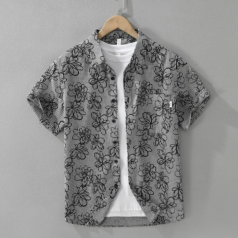 Men's button down shirts versatile artistic casual loose printed plaid Japanese fresh simple breathable short sleeved shirt top