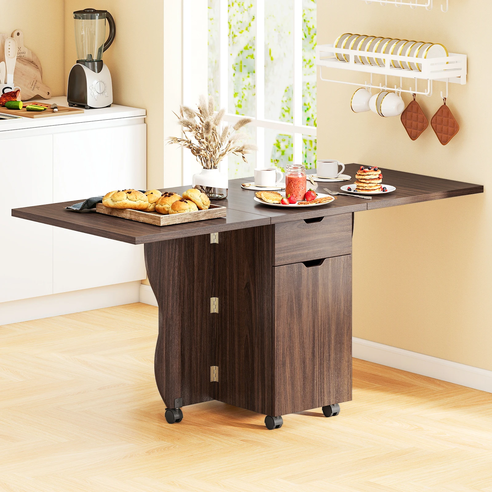 Folding Dining Table w/ Lockable Wheels, 2 Drawers & 2 Cabinets for Small Spaces